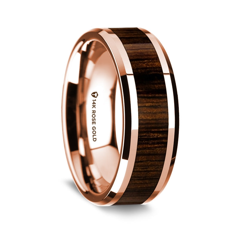 14K Rose Gold Polished Beveled Edges Wedding Ring with Black Walnut Inlay - Thorsten Precious