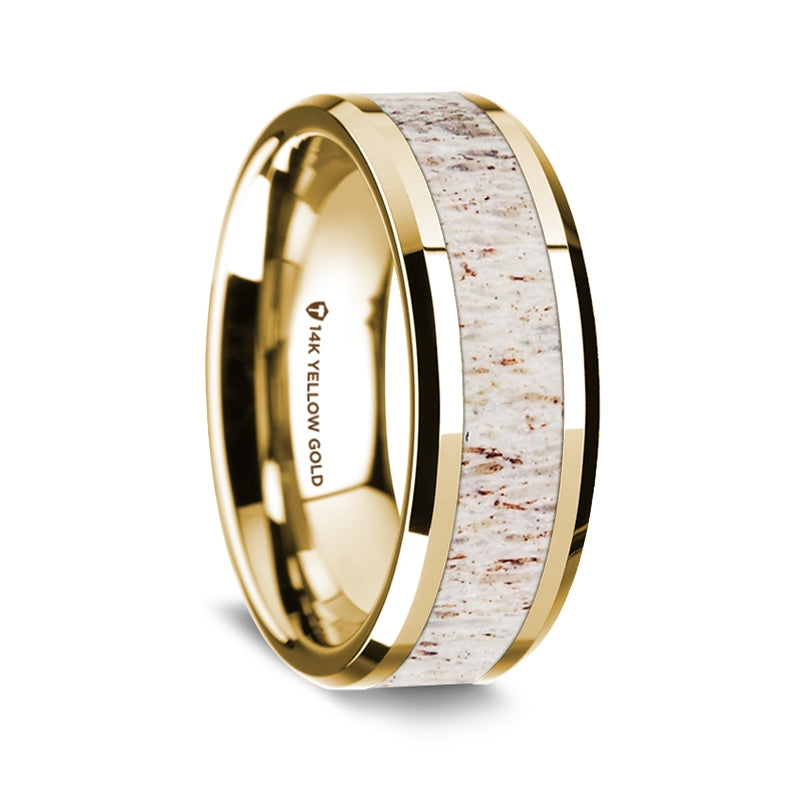 Yellow Gold Men's Ring with White Deer Antler Inlay