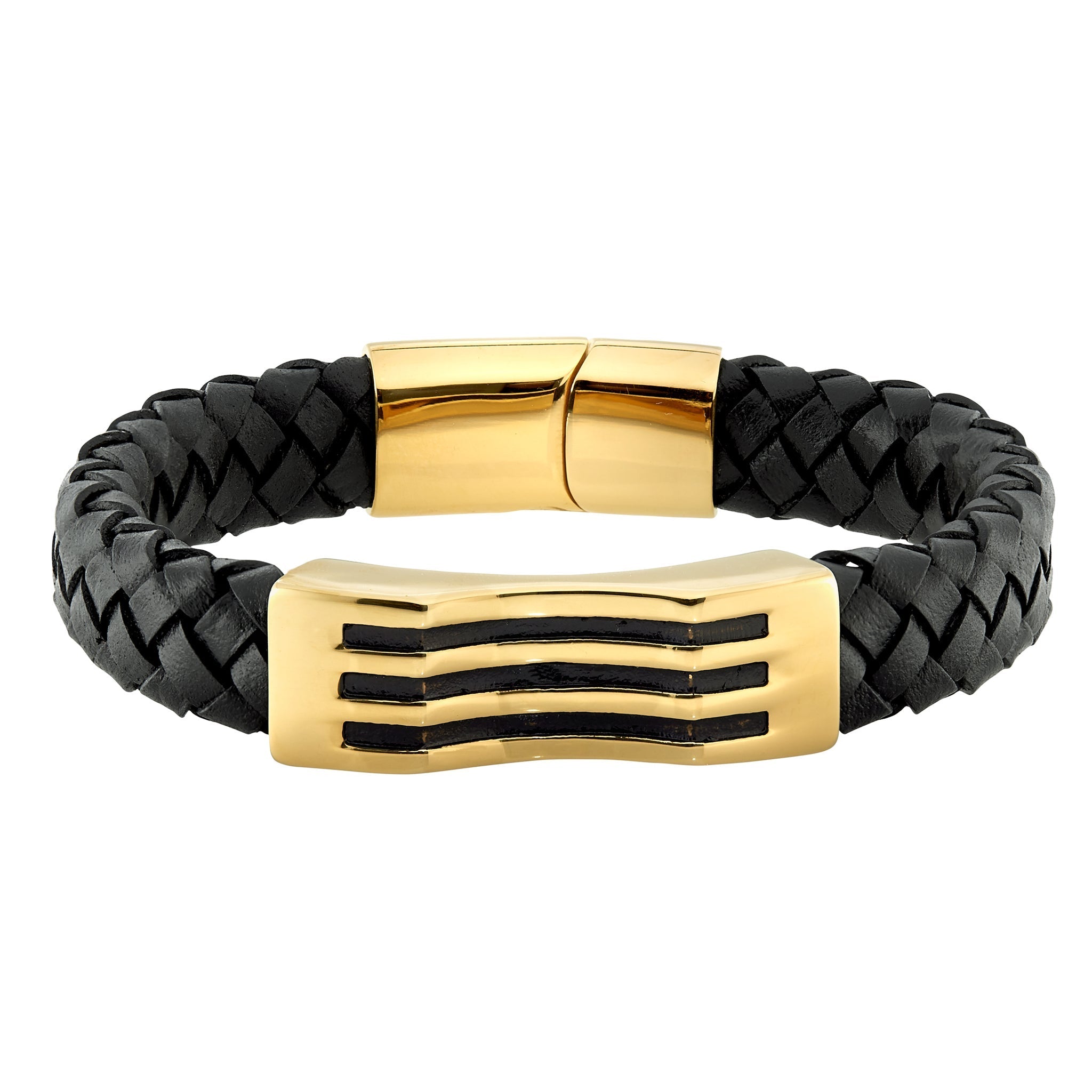 Black Braided Leather Stainless Steel with Gold Bar and Black Lines  Bracelet | Vansweden Jewelers
