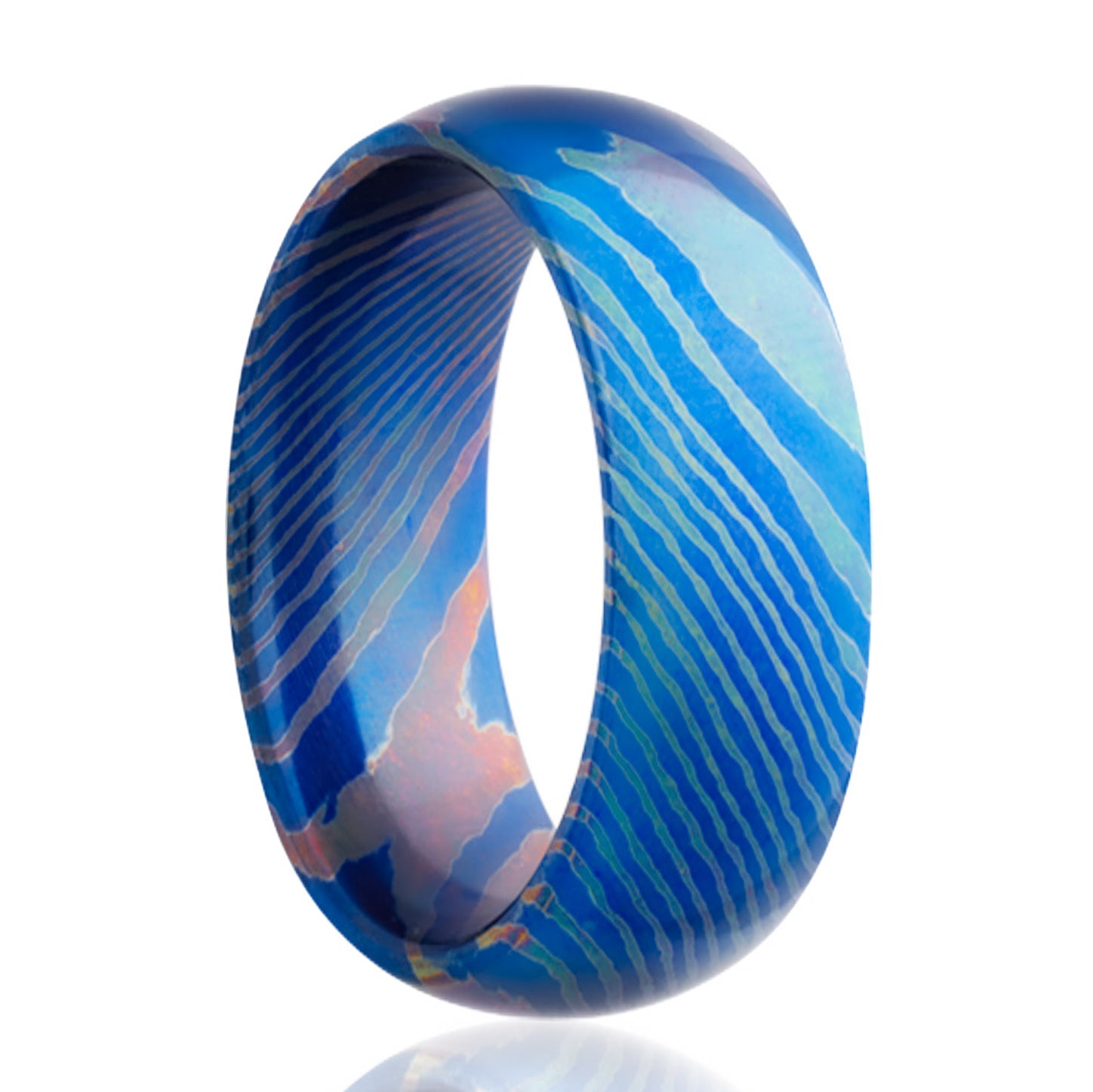 Blue Domed Mokume Gane Style Titanium Ring