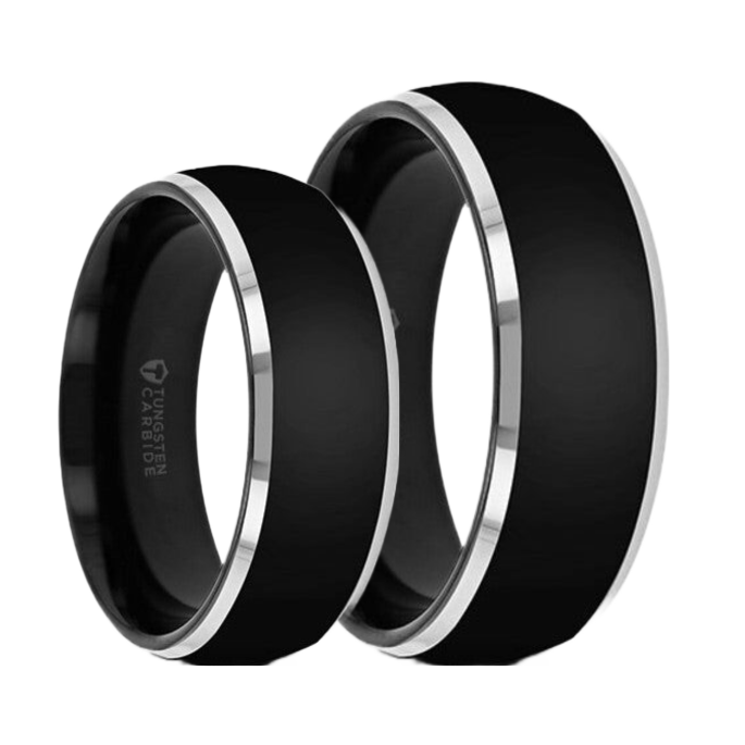 Black Tungsten Domed Couple's Matching Wedding Band Set with Contrasti