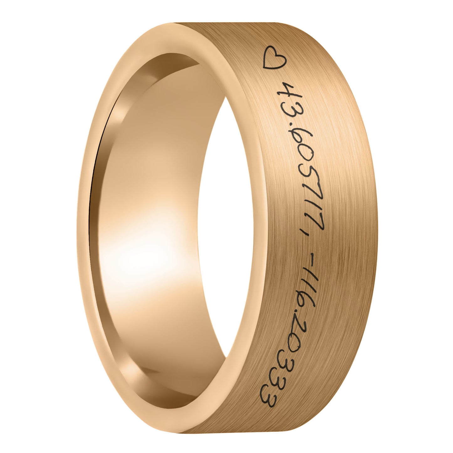 A custom handwritten coordinates brushed rose gold tungsten men's wedding band displayed on a plain white background.