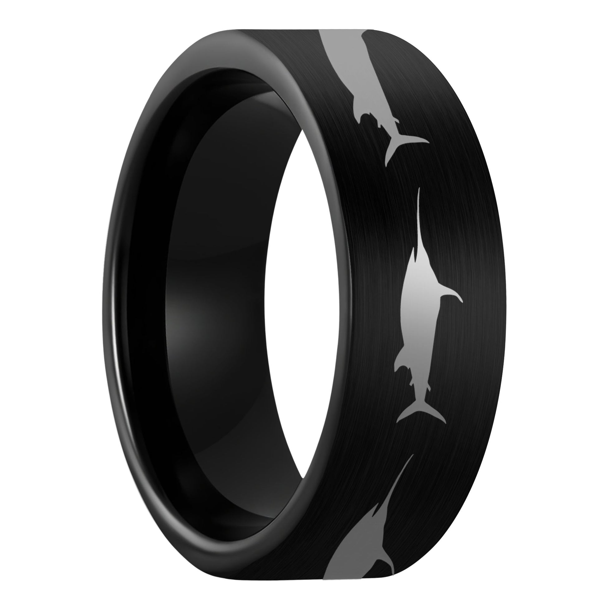 A swordfish brushed black tungsten men's wedding band displayed on a plain white background.