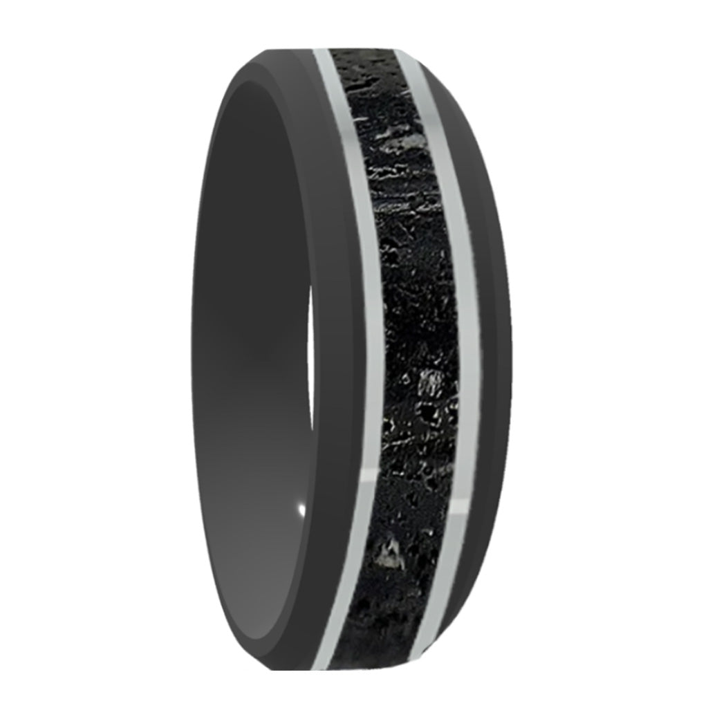 Zirconium Wedding Band with Lava Rock & Sterling Silver Inlays