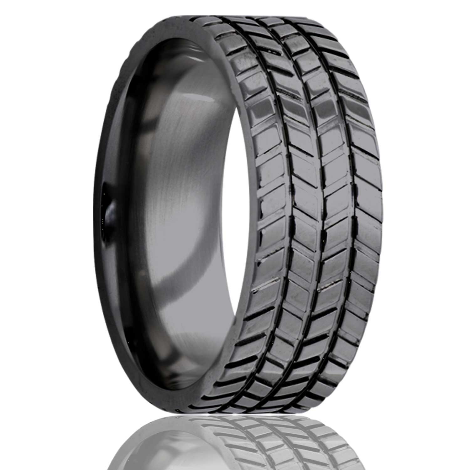 A tire treds zirconium men's wedding band displayed on a neutral white background.