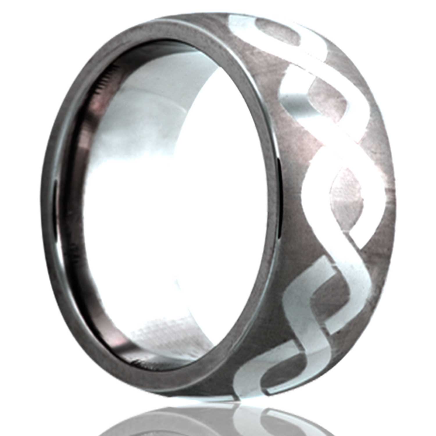 A interlocking waves engraved domed tungsten wedding band displayed on a neutral white background.