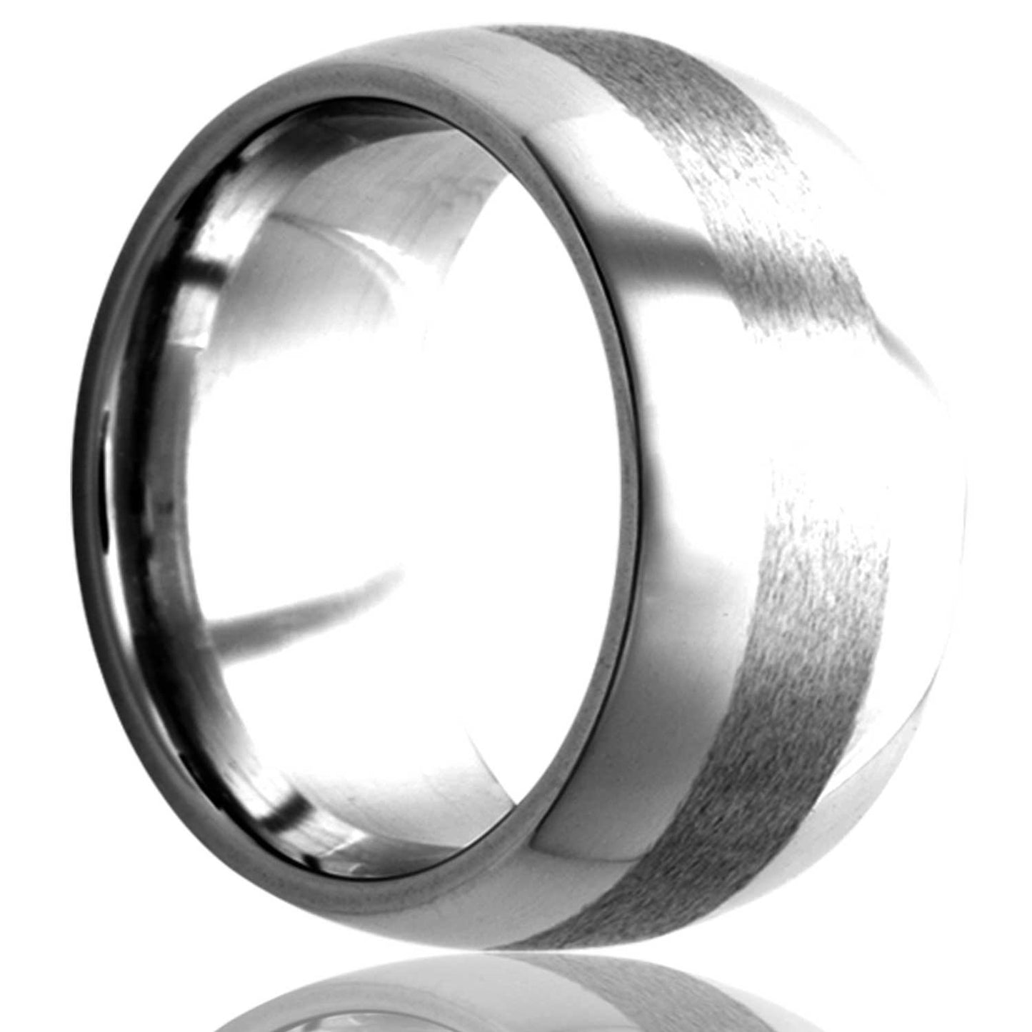A domed cobalt wedding band with satin finish stripe displayed on a neutral white background.