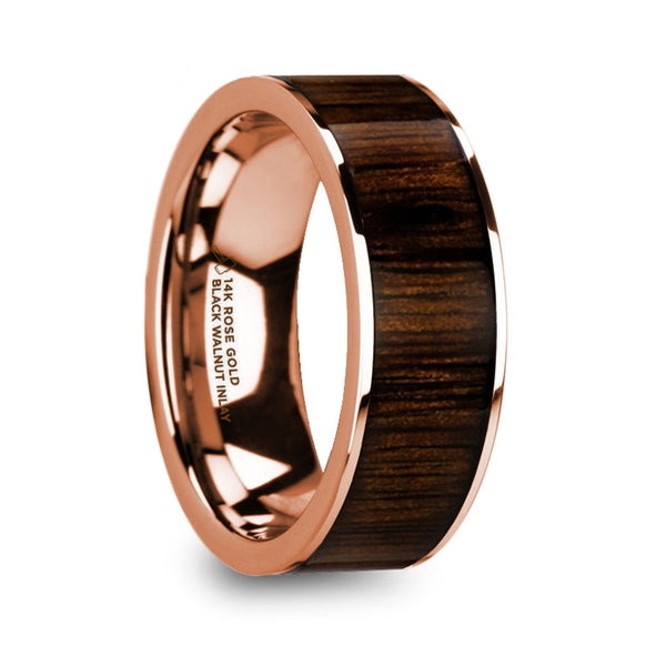 14k Rose Gold Men s Wedding Band with Black Walnut Wood Inlay Size 6.5