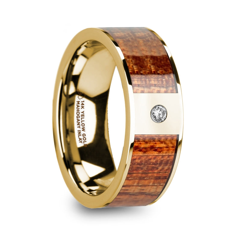 14k Yellow Gold Men's Wedding Band with Mahogany Wood Inlay & Diamond