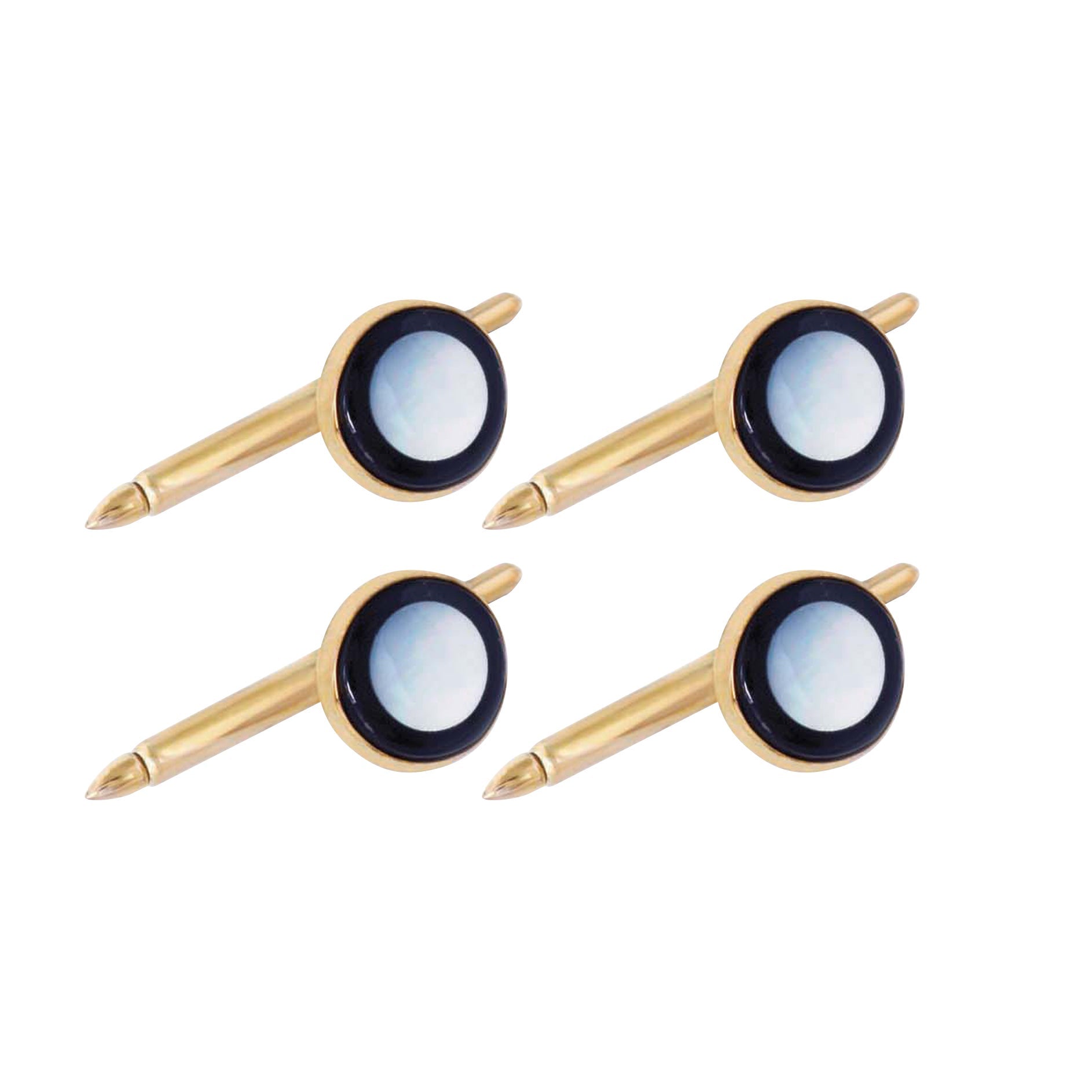 A 14k yellow gold black onyx & mother of pearl stud set displayed on a neutral white background.