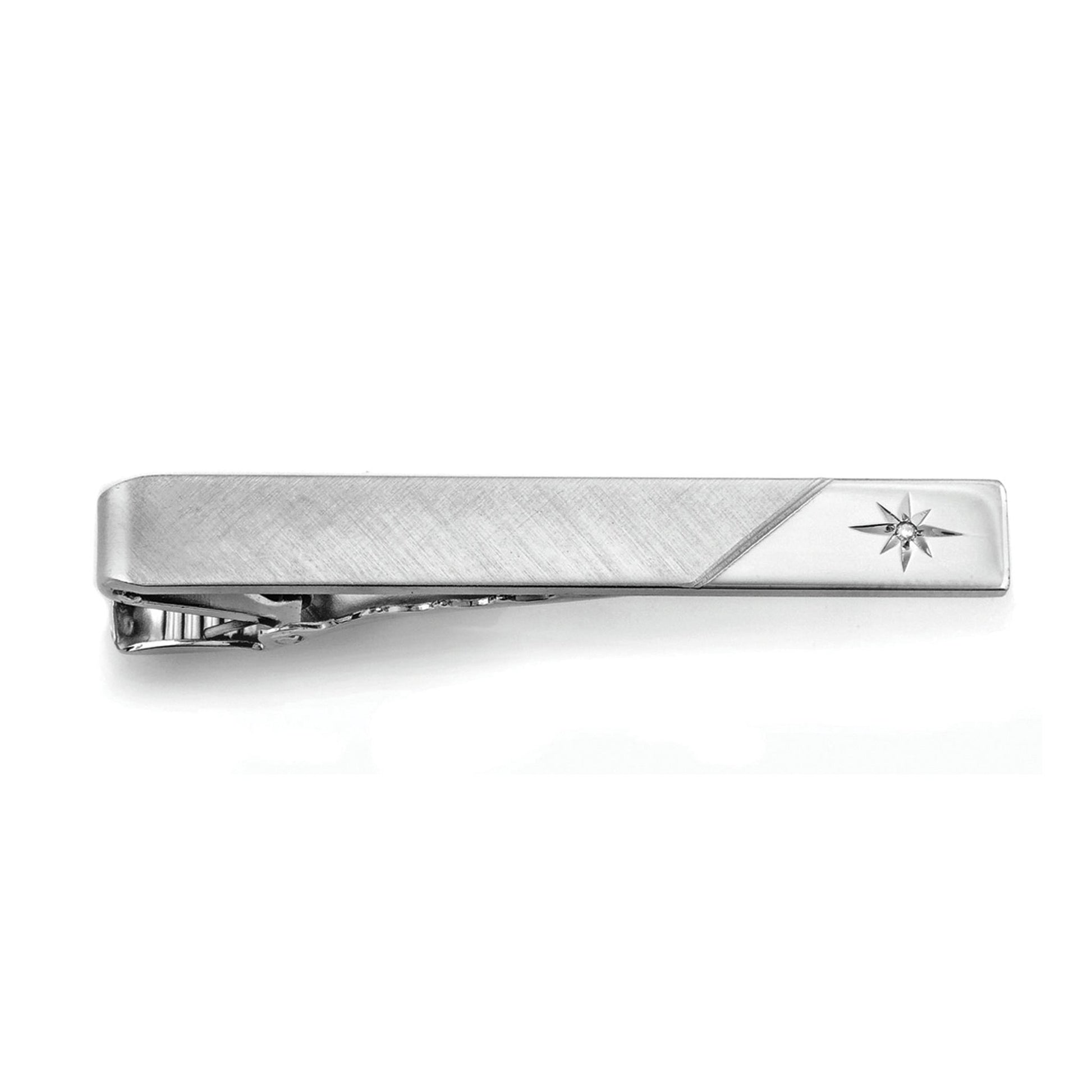 A florentined two tone tie bar with diamond displayed on a neutral white background.