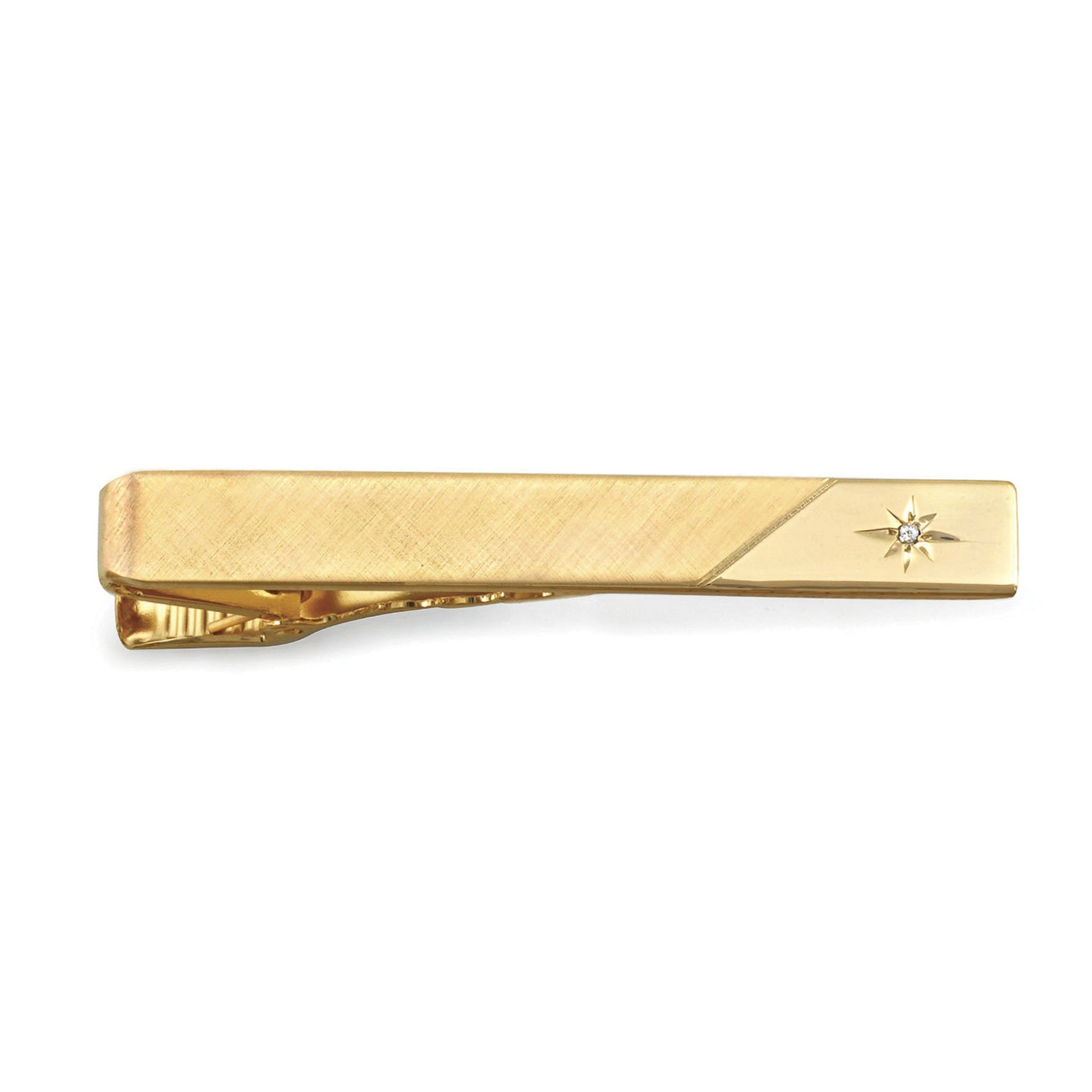 A florentined two tone tie bar with diamond displayed on a neutral white background.