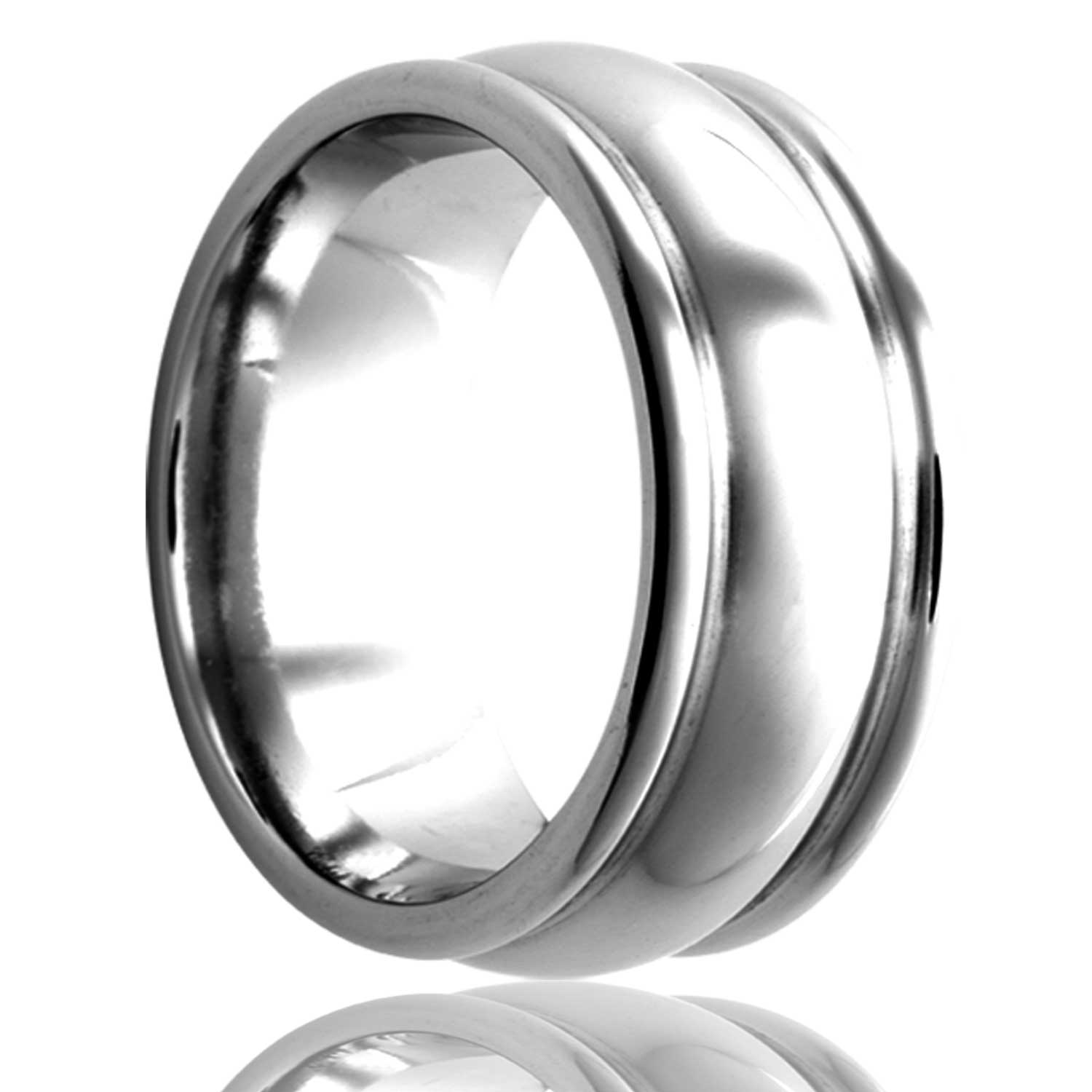 A domed platinum wedding band with stepped & grooved edges displayed on a neutral white background.