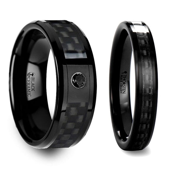 Carbon Fiber Black Ceramic Couple's Matching Ring Set