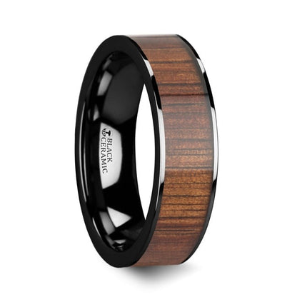 Black Ceramic Couple's Matching Wedding Band Set with Koa Wood Inlay