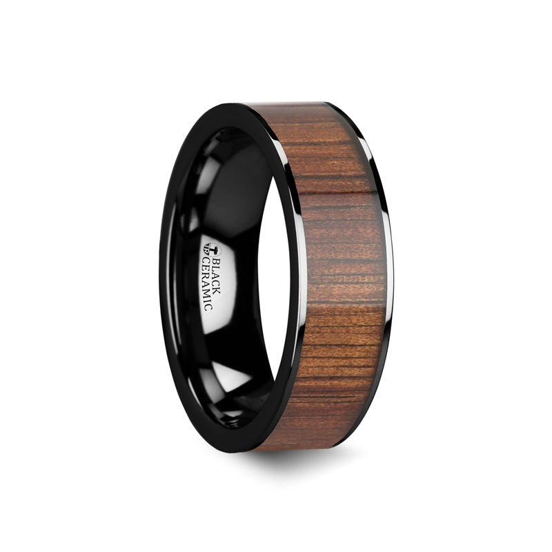 Black Ceramic Couple's Matching Wedding Band Set with Koa Wood Inlay