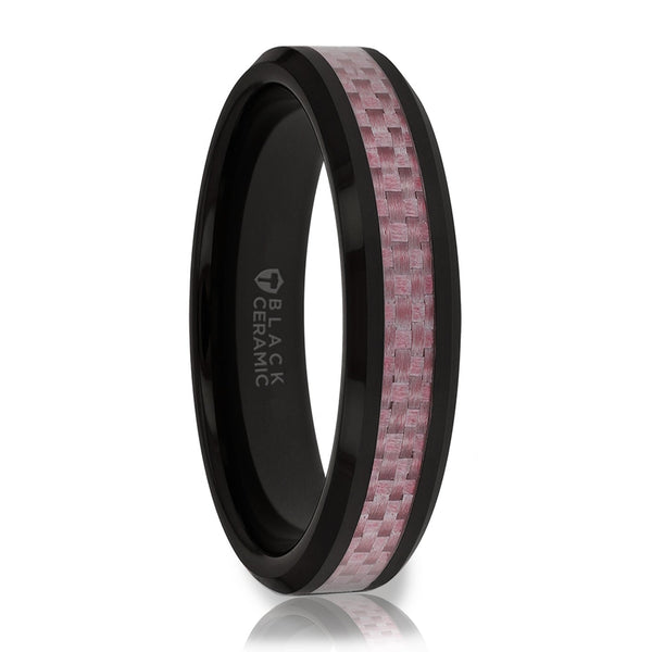 Black Ceramic Ring with Pink Carbon Fiber Inlay