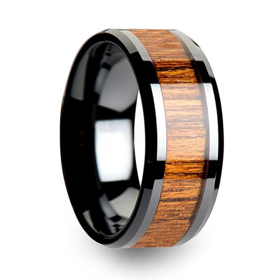 Bague pour femme en c ramique noire avec incrustation de bois de teck