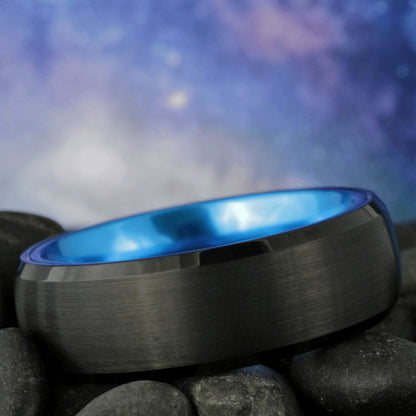 Brushed Black Tungsten Men's Wedding Band with Contrasting Blue Interior