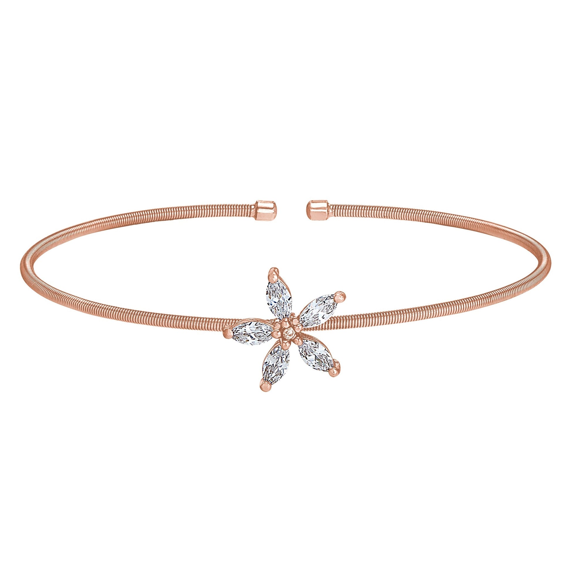 A cable flower bracelet with simulated diamonds displayed on a neutral white background.