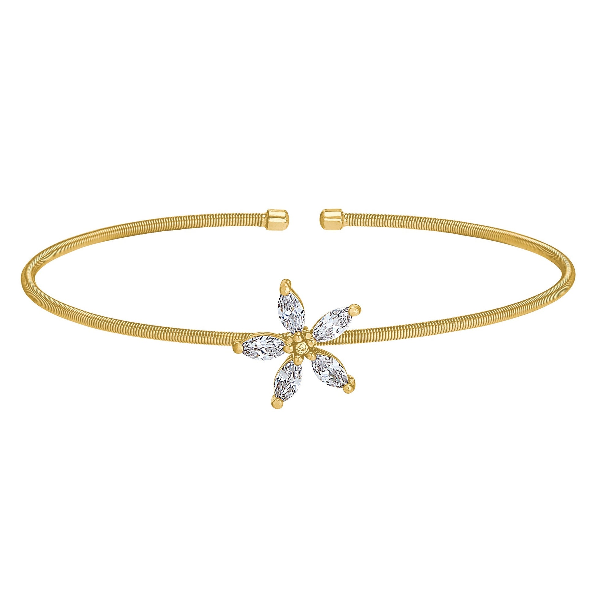 A cable flower bracelet with simulated diamonds displayed on a neutral white background.