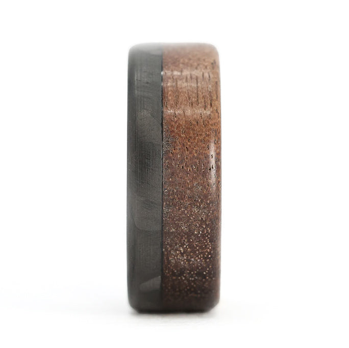 Walnut Bentwood Ring with Carbon Fiber core and 2024 Organic Flower Inlay. Mens Wedding Ring.