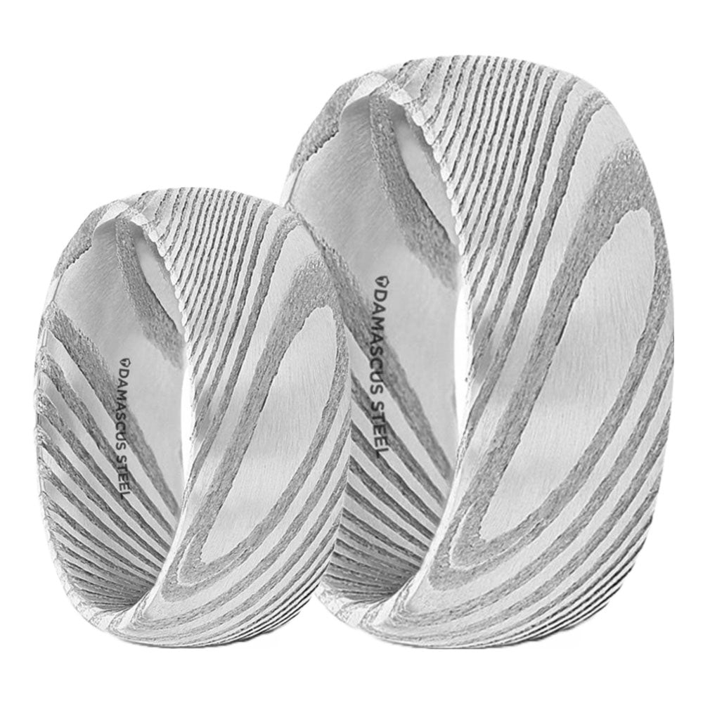 Damascus Steel Rings, 2 Piece Couple Set Damascus Steel Wedding