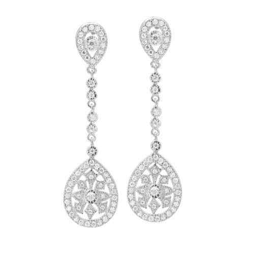 A fancy teardrop simulated diamond drop earrings with rhodium finish displayed on a neutral white background.