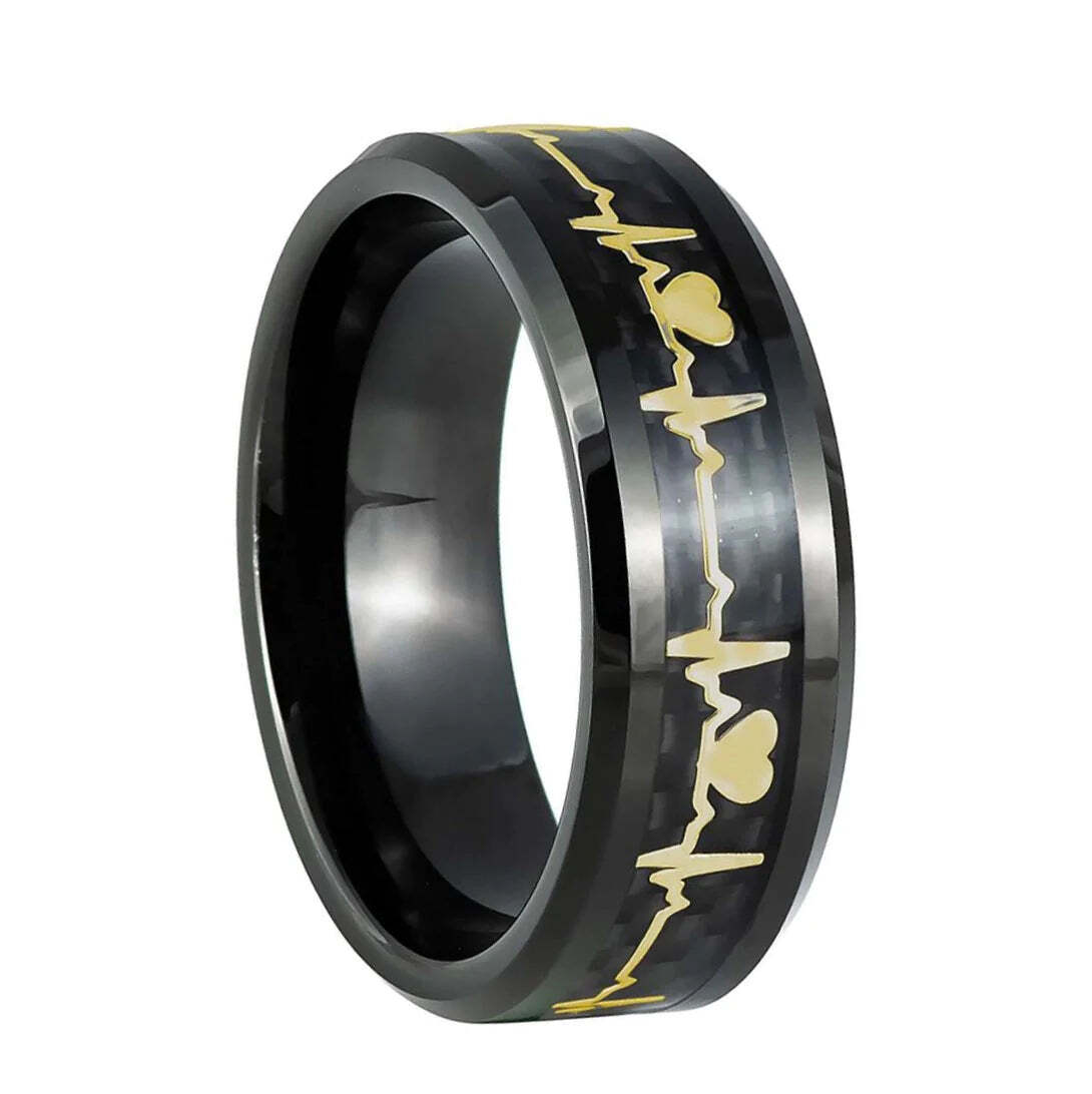 Gold Heartbeat Inlay Black Tungsten Men's Wedding Band