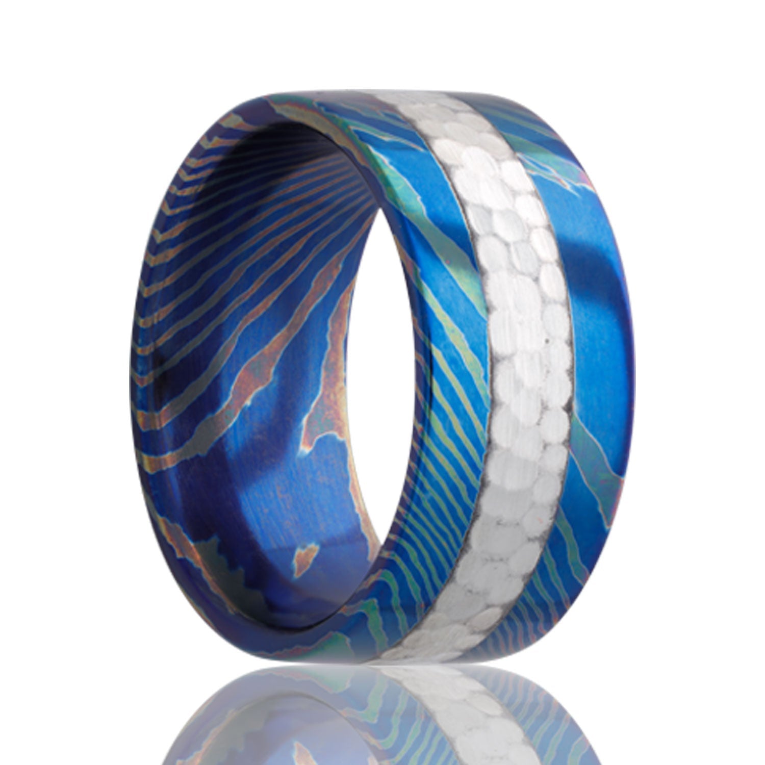 Hammered Silver Inlay Blue Mokume Gane Titanium Men's Wedding Band