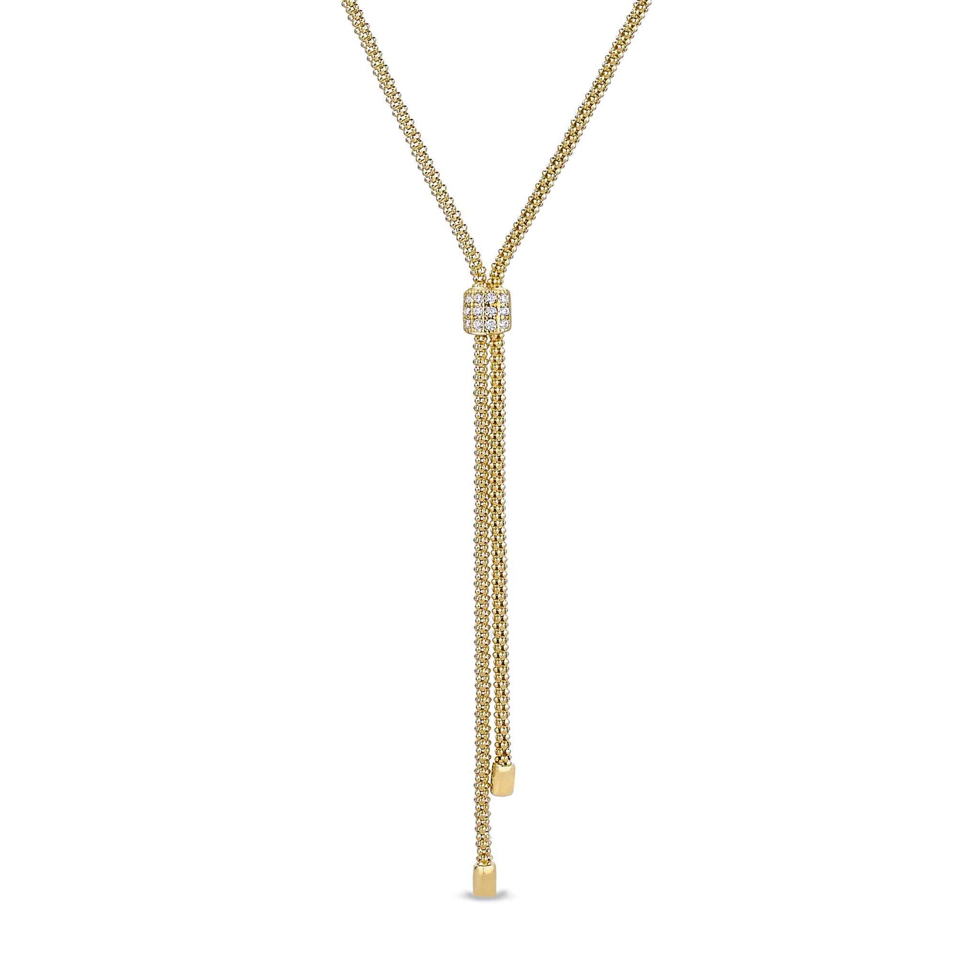 A lariat necklace with simulated diamond square accent displayed on a neutral white background.