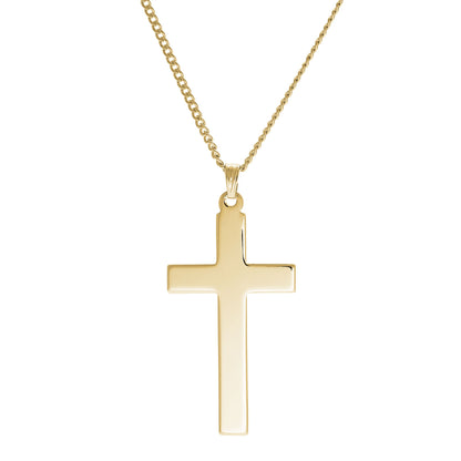 A plain polished cross necklace displayed on a neutral white background.