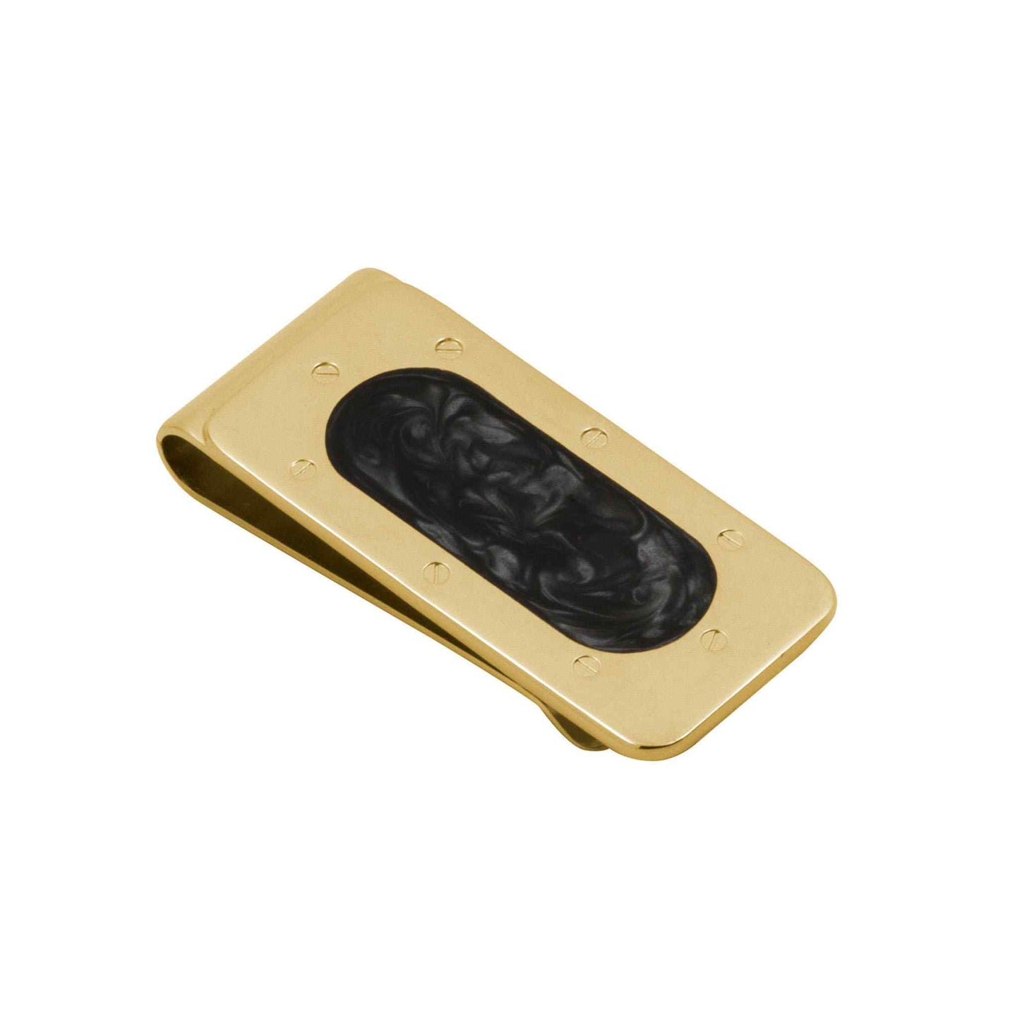 A screw pattern money clip with epoxy center displayed on a neutral white background.