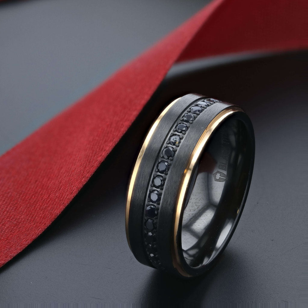 Bague de mariage en titane noir pour homme avec saphir noir et or rose