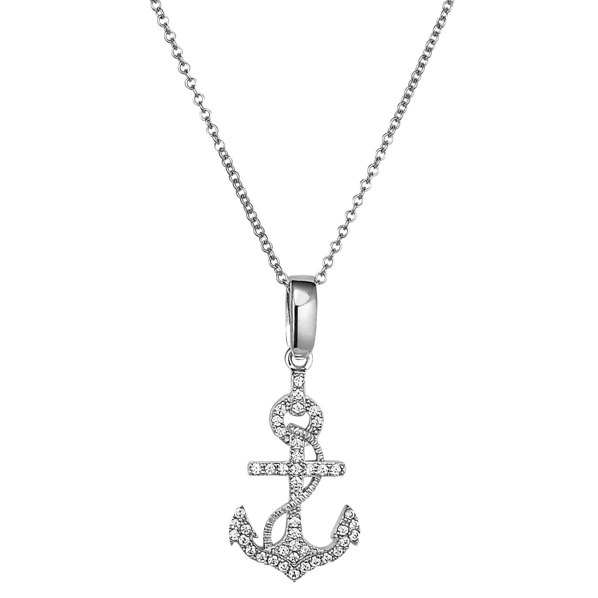 A sterling silver anchor necklace with simulated diamonds displayed on a neutral white background.
