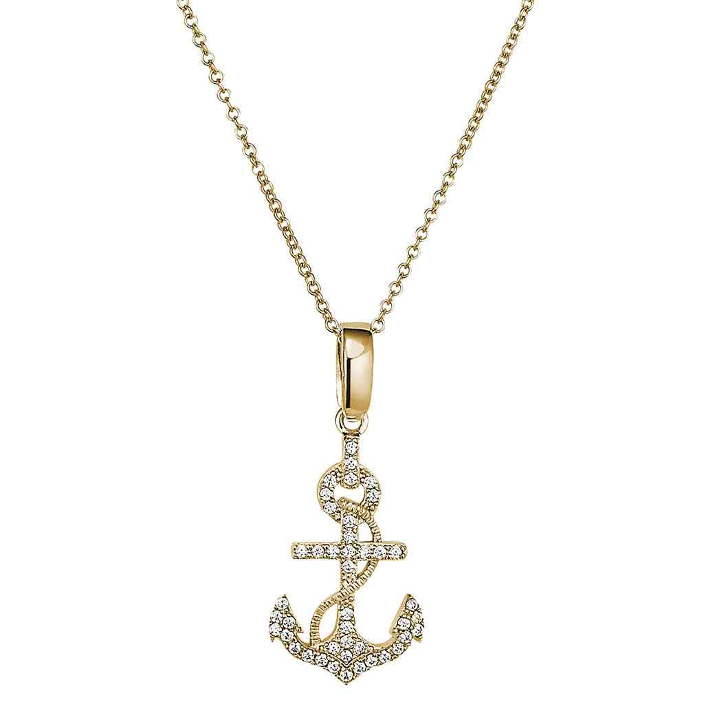 A sterling silver anchor necklace with simulated diamonds displayed on a neutral white background.