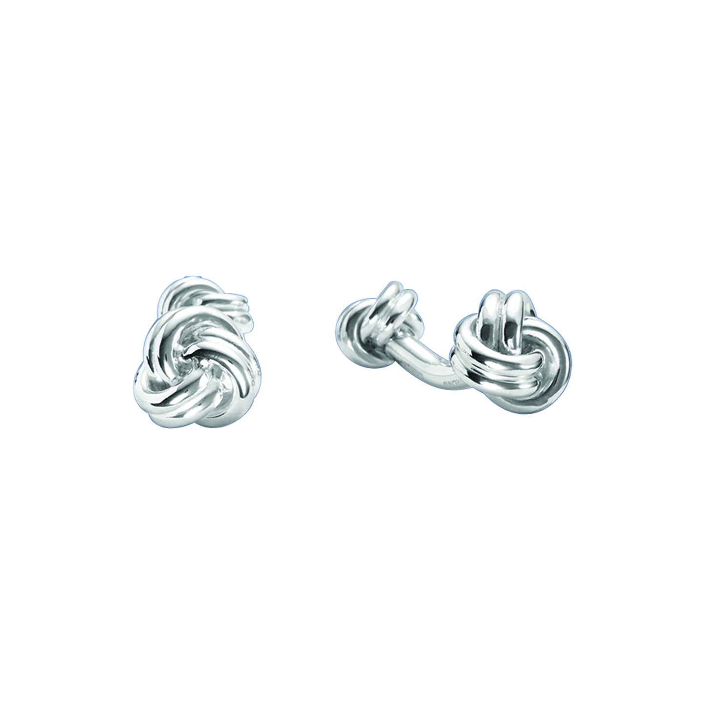 A sterling silver love knot cufflinks medium & small knot displayed on a neutral white background.