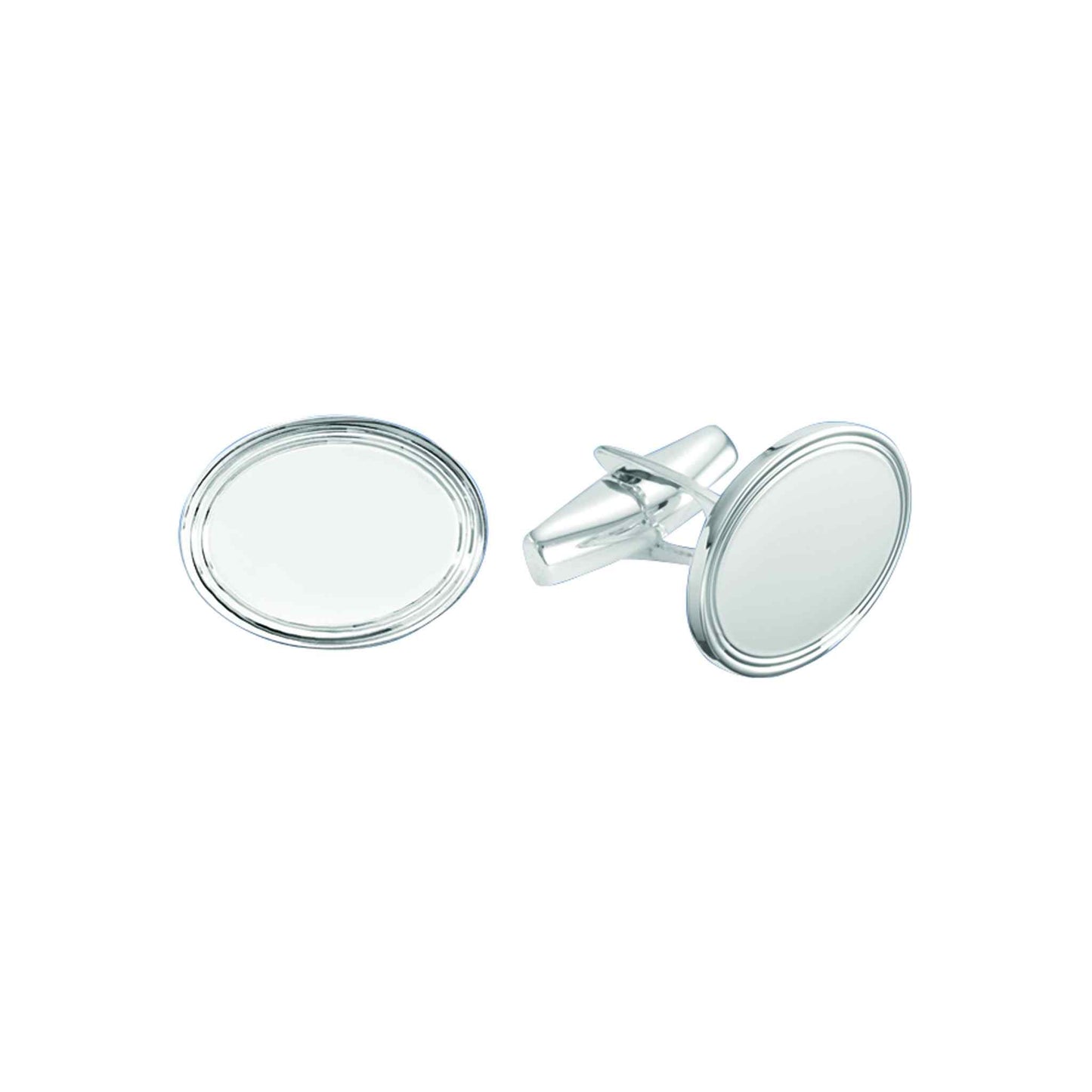 A sterling silver oval polished cufflinks with engine-turned border displayed on a neutral white background.