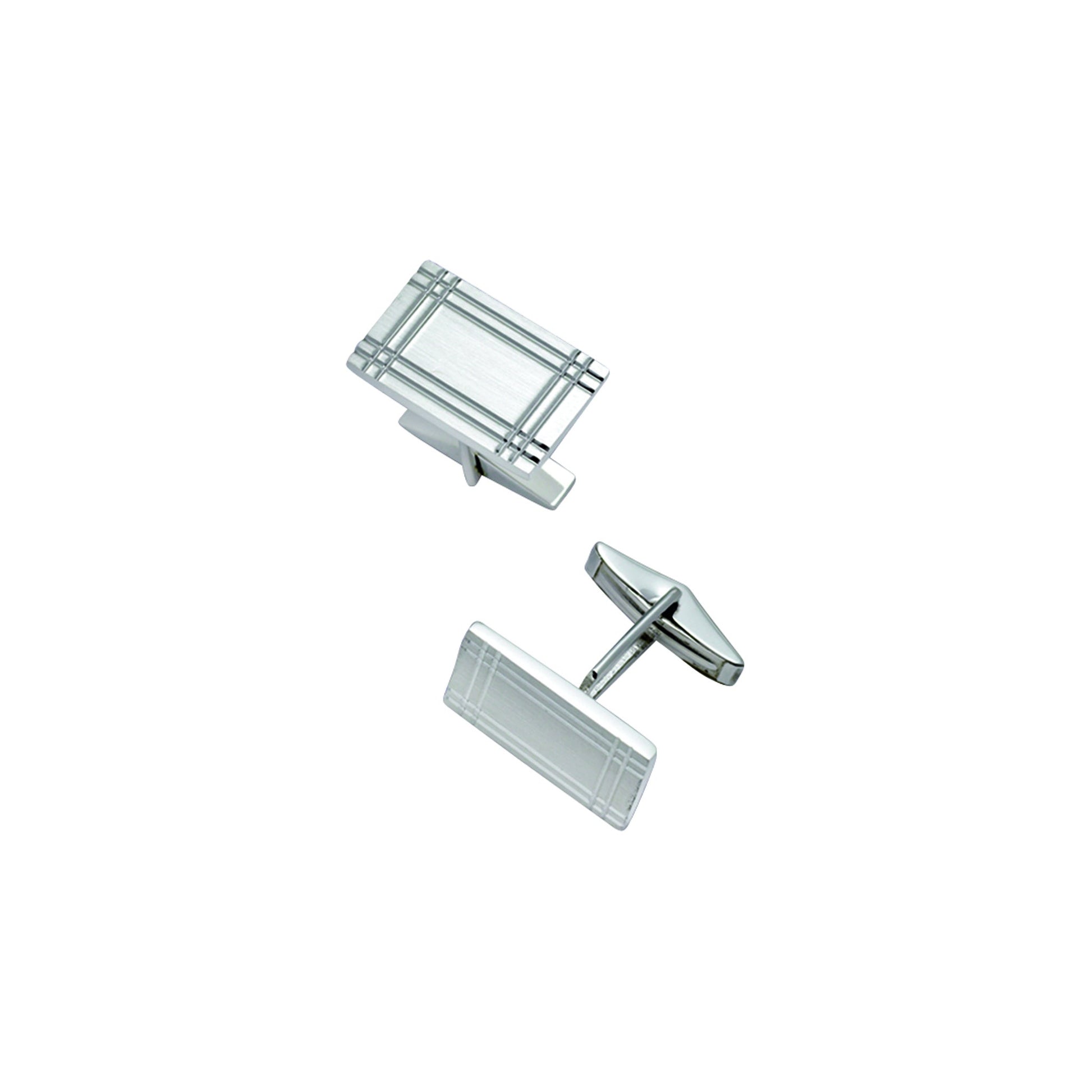 A sterling silver rectangle cufflinks with plaid design displayed on a neutral white background.