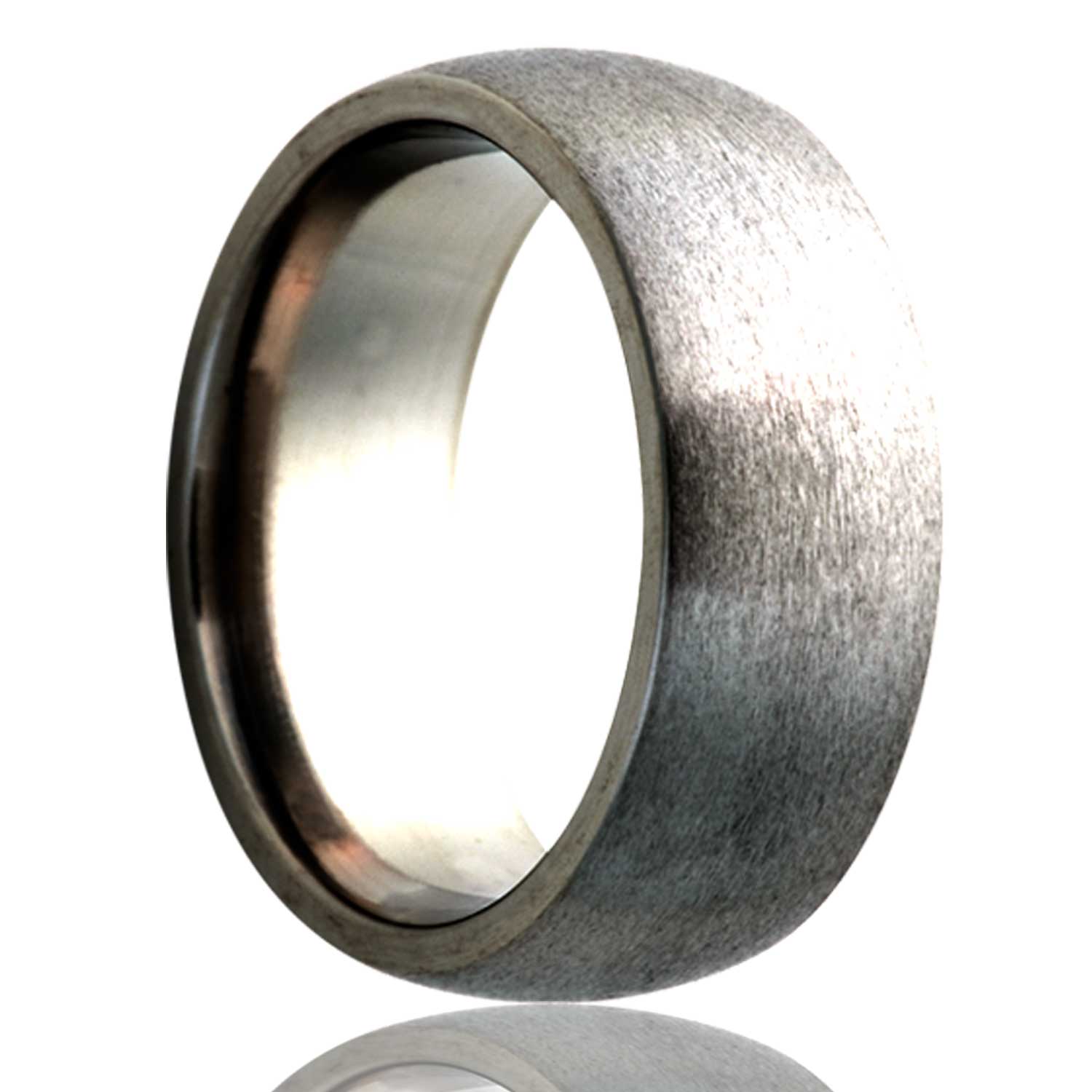A domed satin finish titanium wedding band displayed on a neutral white background.