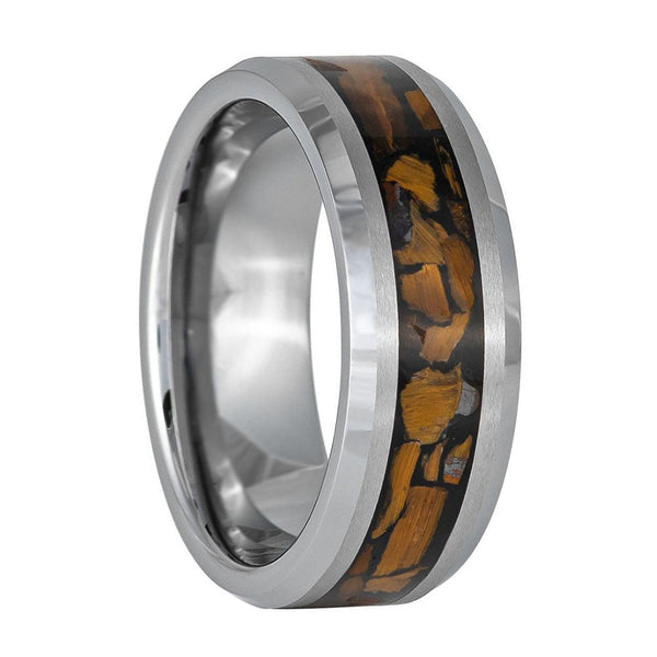 Tungsten Carbide Band with Tigers Eye and Black Tourmaline Inlay. Ring for mens anniversaries, engagements, weddings and as a 2024 gift