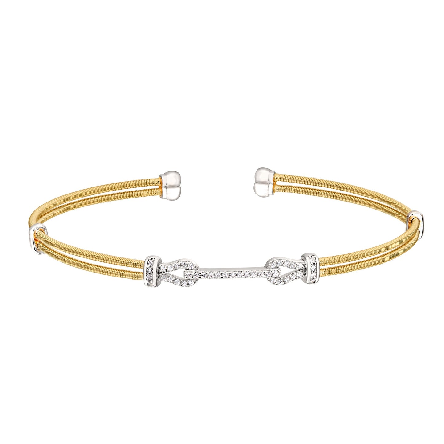 A two cable bracelet with simulated diamonds buckle design displayed on a neutral white background.