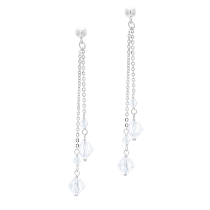 A white crystal drop earrings displayed on a neutral white background.