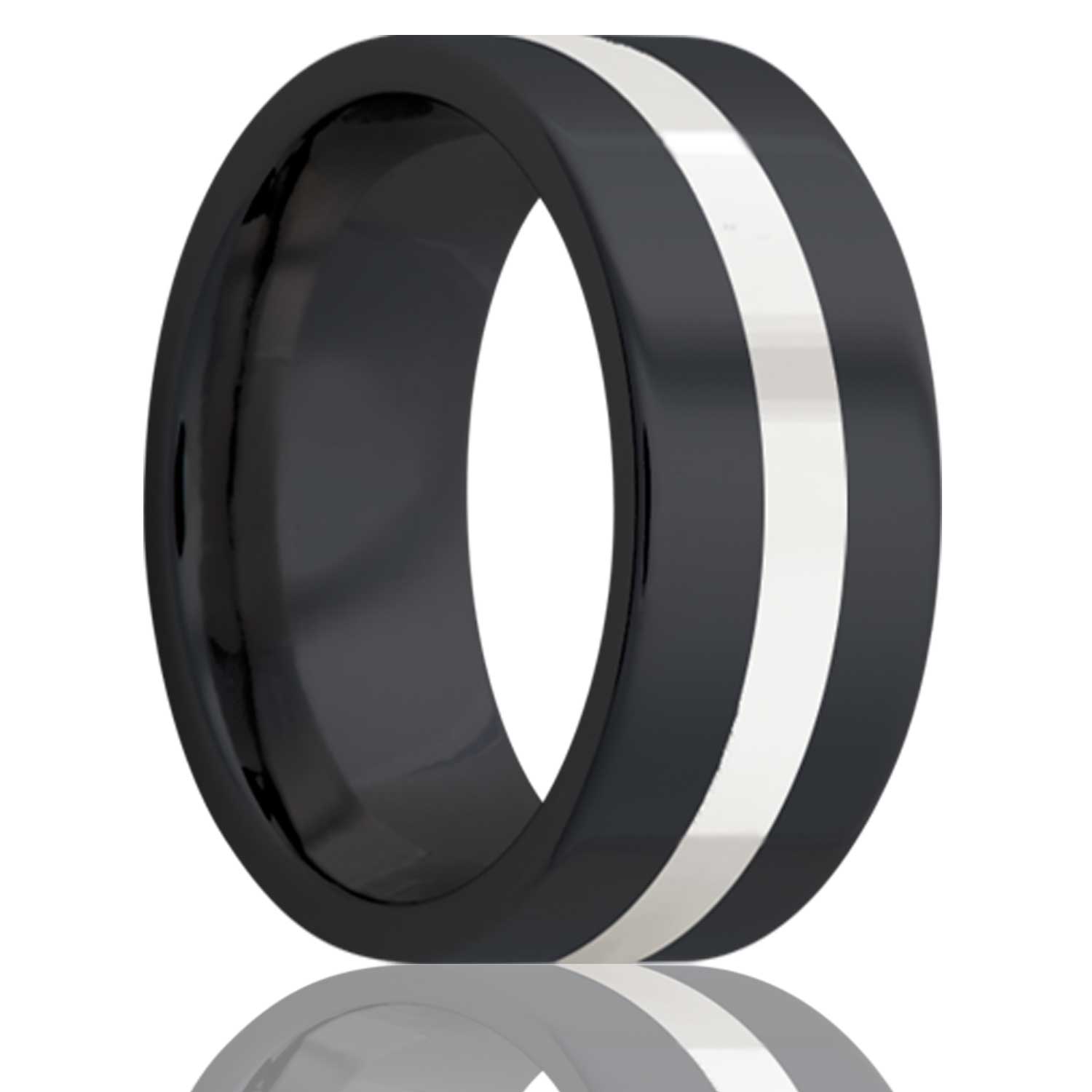 A argentium silver inlay zirconium wedding band displayed on a neutral white background.