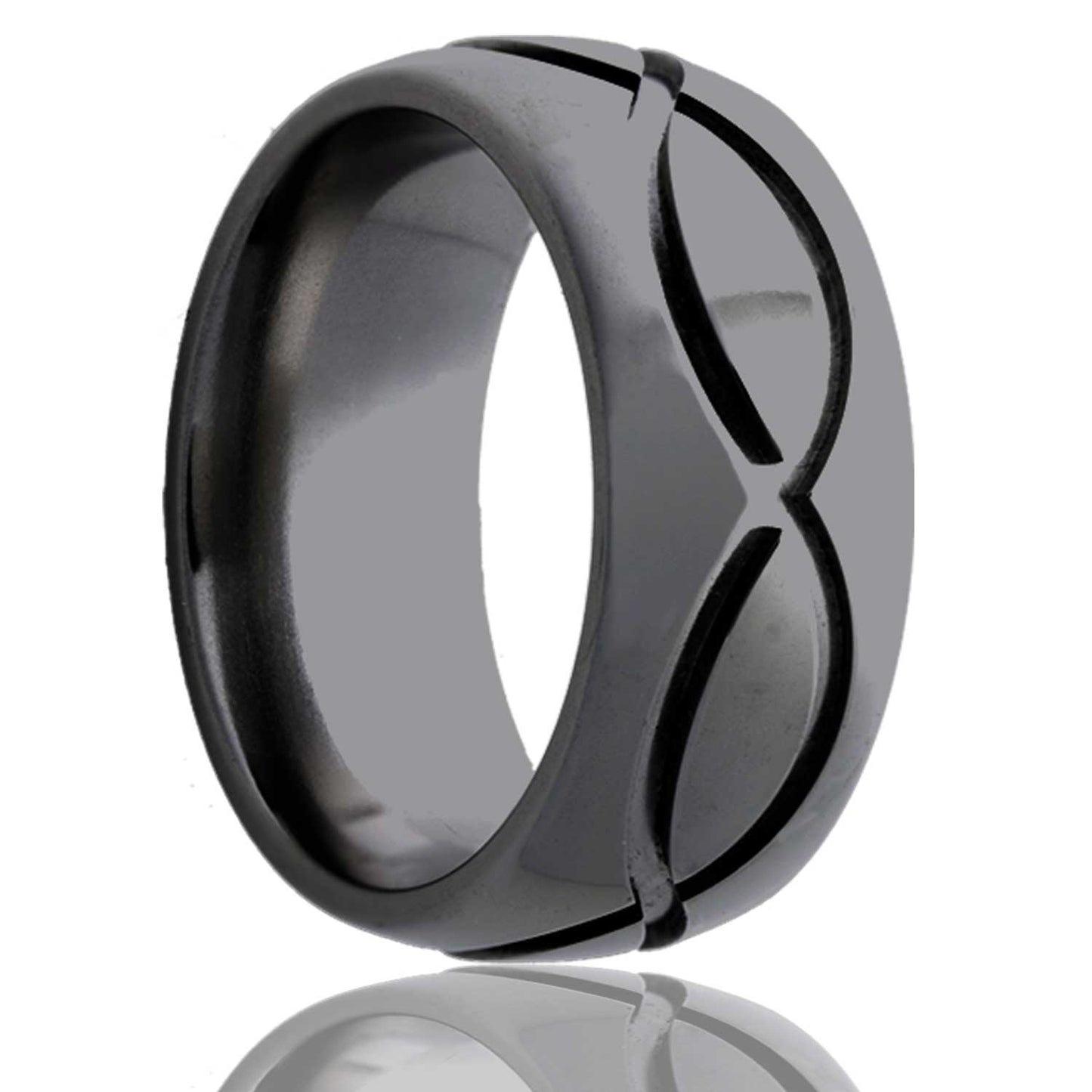 A infinity waves domed zirconium men's wedding band displayed on a neutral white background.