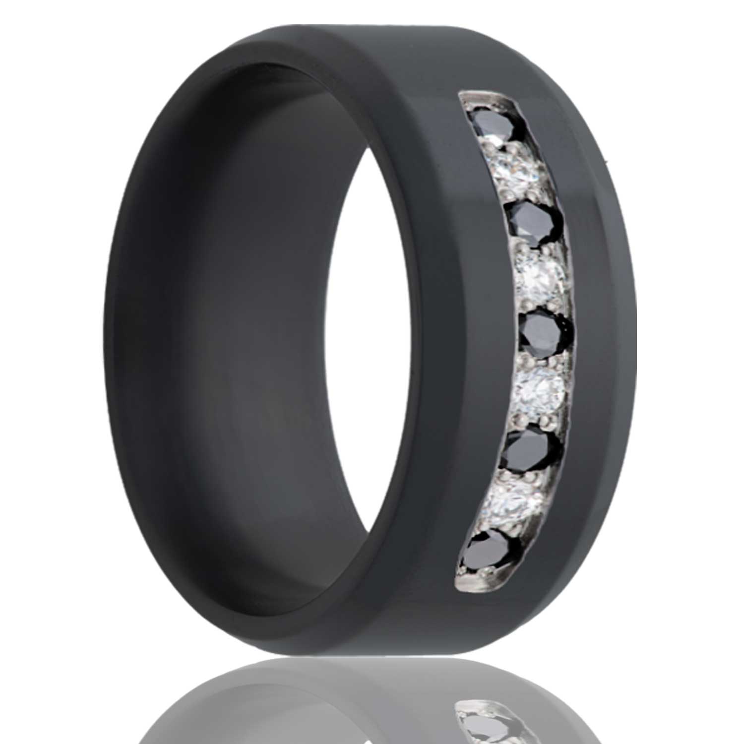 Black Zirconium Band, White Diamond deals Wedding Ring,Men&Womens,Anniversary and Engagement Band, Brushed Center, Beveled Ring,Unique Ring