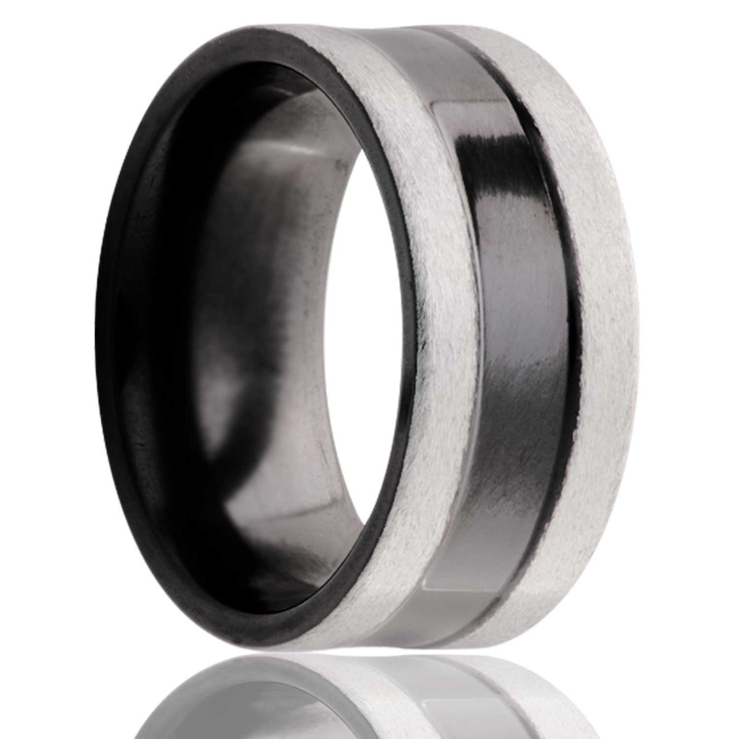 A satin finish zirconium wedding band with polished finish edges displayed on a neutral white background.